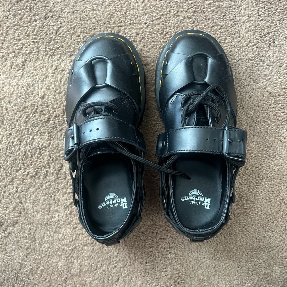 Dr. Martens Black Leather Mary Jane Shoes with Yellow Stitching